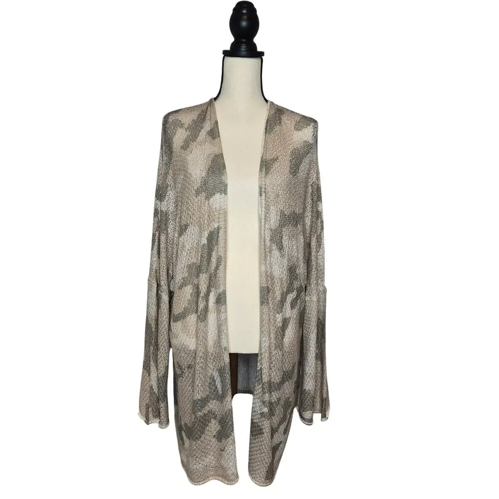 POL Camo Open Front Knit Cardigan Relaxed Fit Dropped Shoulder Duster Women Sz L